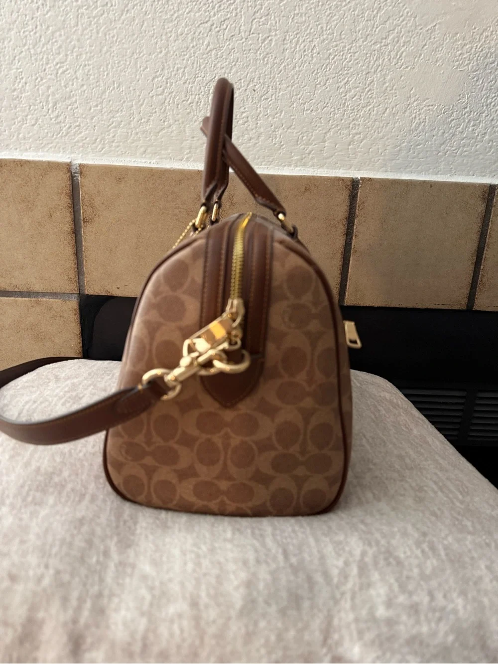 Coach Brown Signature Canvas Satchel with Top Handles